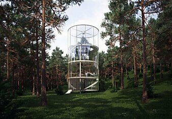 Удивительный прозрачный дом-цилиндр с живым деревом внутри