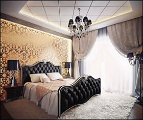 Сочетание черного и золотого в дизайне спальни.