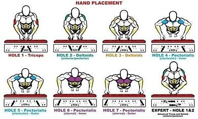 Удобная таблица, показывающая, какие группы мышц работают при различных видах отжиманий.